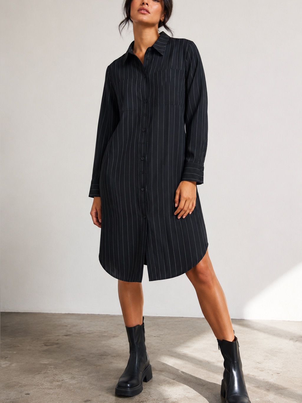 Samse Samse Black Pinstripe Button Front Shirt Dress